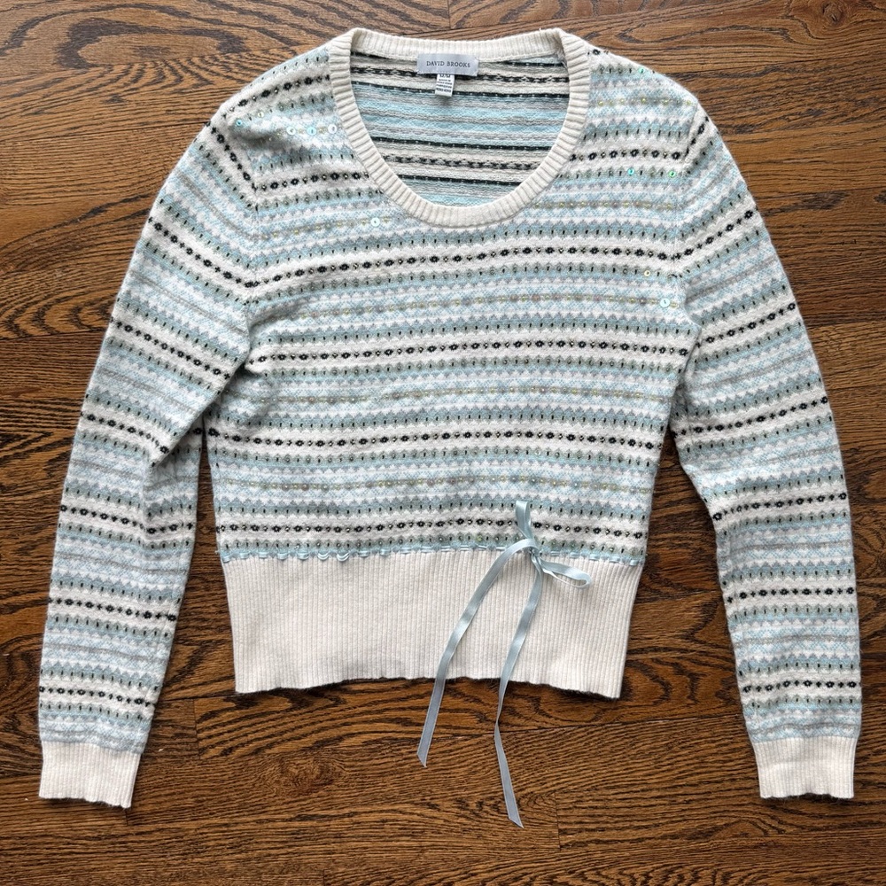 David Brooks Cotton Rabbit Hair Y2K Blue & Cream Striped Sequin Ribbon Sweater M